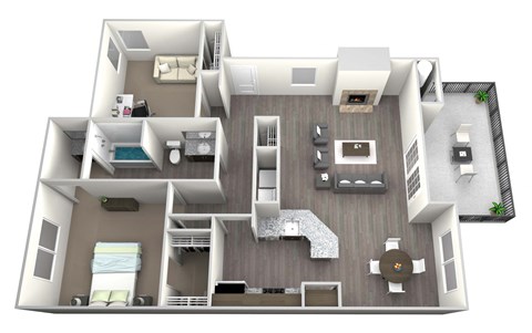 3D rendered drawing of spacious one bedroom and one full bathroom and kitchen with study, private patio/ balcony, and fireplace. Approximately 992 square feet.
