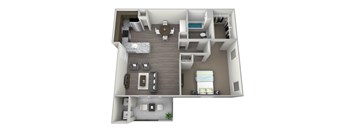 a stylized floor plan of a two bedroom apartment with two bathrooms and a balcony