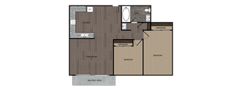 Rendered drawing of two bedroom one full bathroom and kitchen with private patio/balcony. Approximately 850 square feet.