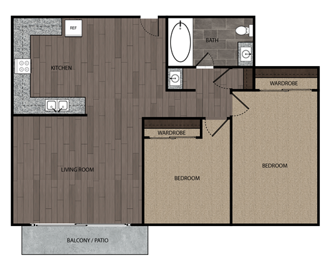 Rendered drawing of two bedroom one full bathroom and kitchen with private patio/balcony. Approximately 850 square feet.