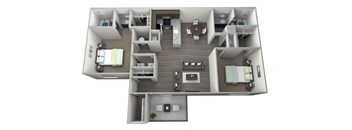 Rendered 3D floorplan of two bedroom two full bathroom and open kitchen. With washer and dryer included, large indoor storage closet, private patio/ balcony. Approximately 1010 square feet.