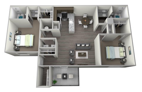 Rendered 3D floorplan of two bedroom two full bathroom and open kitchen. With washer and dryer included, large indoor storage closet, private patio/ balcony. Approximately 1010 square feet.