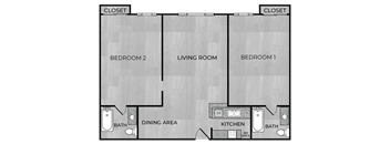 A floor plan of a house with two bedrooms, a living room, a dining area, a kitchen, and two bathrooms.