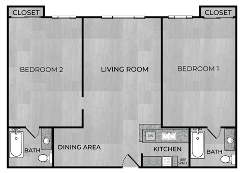 A floor plan of a house with two bedrooms, a living room, a dining area, a kitchen, and two bathrooms.