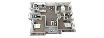 3D rendered art of two bedroom two full bath with walk in closet, private patio/balcony with storage, and washer and dryer. Approximately 1198 square feet