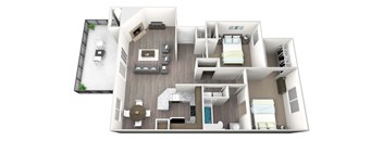 3D rendered drawing of two bedroom and one full bathroom and kitchen, private patio/ balcony, and fireplace. Approximately 1001 square feet.
