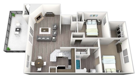 3D rendered drawing of two bedroom and one full bathroom and kitchen, private patio/ balcony, and fireplace. Approximately 1001 square feet.