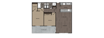 2D rendered drawing of two bedroom two full bathroom and kitchen floorplan. Approximately 1150 square feet.