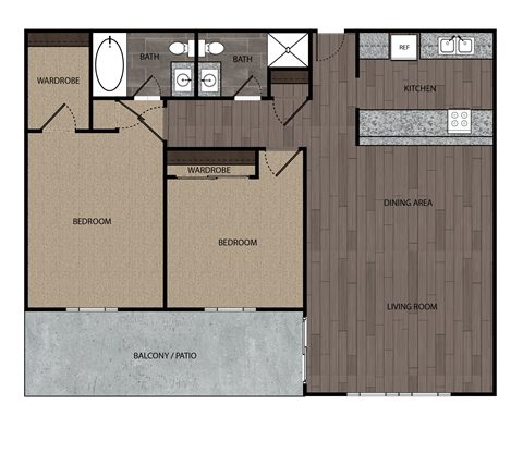 2D rendered drawing of two bedroom two full bathroom and kitchen floorplan. Approximately 1150 square feet.