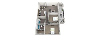 3D rendered drawing of two bedroom two full bathroom and kitchen floor plan with private patio/balcony with outside storage. Approximately 1062 square feet.
