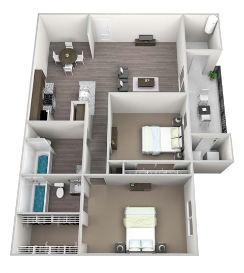 3D rendered drawing of two bedroom two full bathroom and kitchen floor plan with private patio/balcony with outside storage. Approximately 1062 square feet.