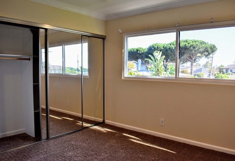 View of bedroom with carpet flooring, well lit windows, and sliding glass mirror door closet