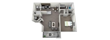 Rendered 3D floorplan of one bedroom one full bathroom and kitchen. With half bath in living area, washer and dryer included, private patio/ balcony with storage. Approximately 740 square feet.