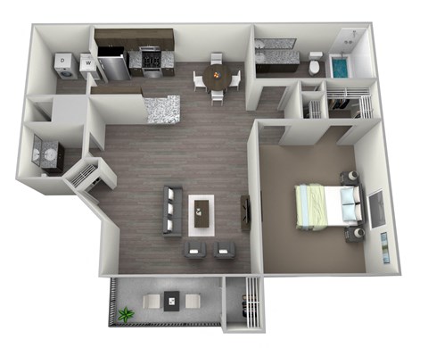 Rendered 3D floorplan of one bedroom one full bathroom and kitchen. With half bath in living area, washer and dryer included, private patio/ balcony with storage. Approximately 740 square feet.