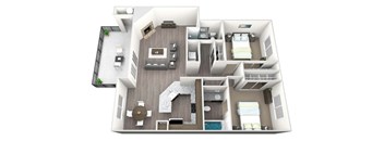 3D rendered drawing of two bedroom and two full bathroom and kitchen, private patio/ balcony, and fireplace. Approximately 997 square feet.