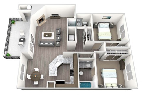3D rendered drawing of two bedroom and two full bathroom and kitchen, private patio/ balcony, and fireplace. Approximately 997 square feet.