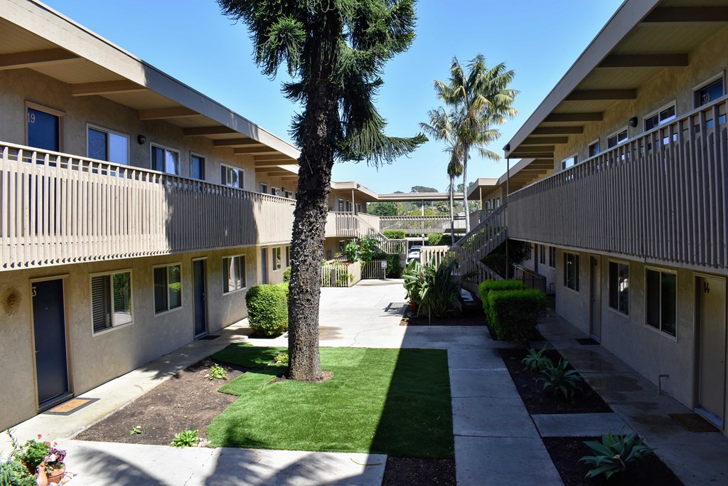 Elevated view into courtyard with tropical landscaping