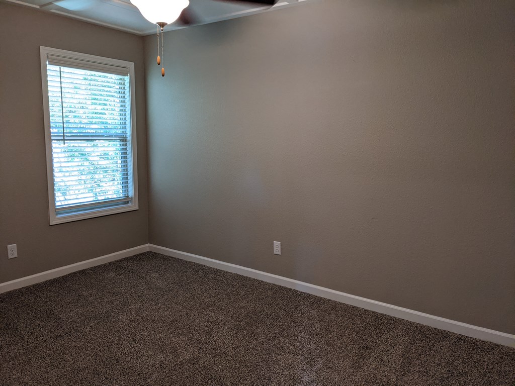 View of carpeted bedroom with well lit window and ceiling fan
