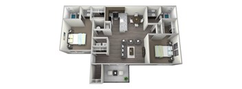 Two bedroom two full bathroom, full kitchen open to living area, large inside storage closet at front entry, private patio/balcony, washer and dryer included in a 3D rendered drawing