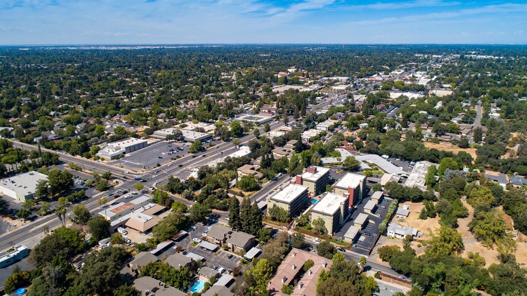 an aerial view of the city