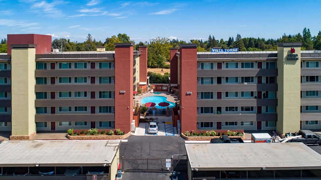 an aerial view of our hotel in a city