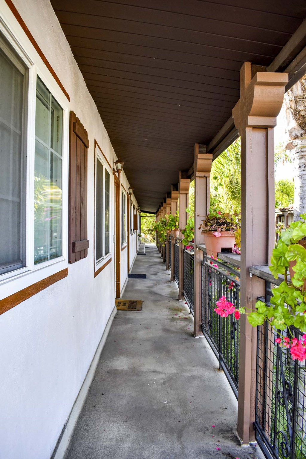 View of covered patio/balcony area with potted plants and tropical landscaping in the background