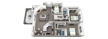 3D rendered drawing of three bedroom and two full bathroom and kitchen, private patio/ balcony, and fireplace. Approximately 1220 square feet.