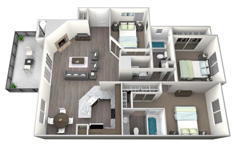 3D rendered drawing of three bedroom and two full bathroom and kitchen, private patio/ balcony, and fireplace. Approximately 1220 square feet.