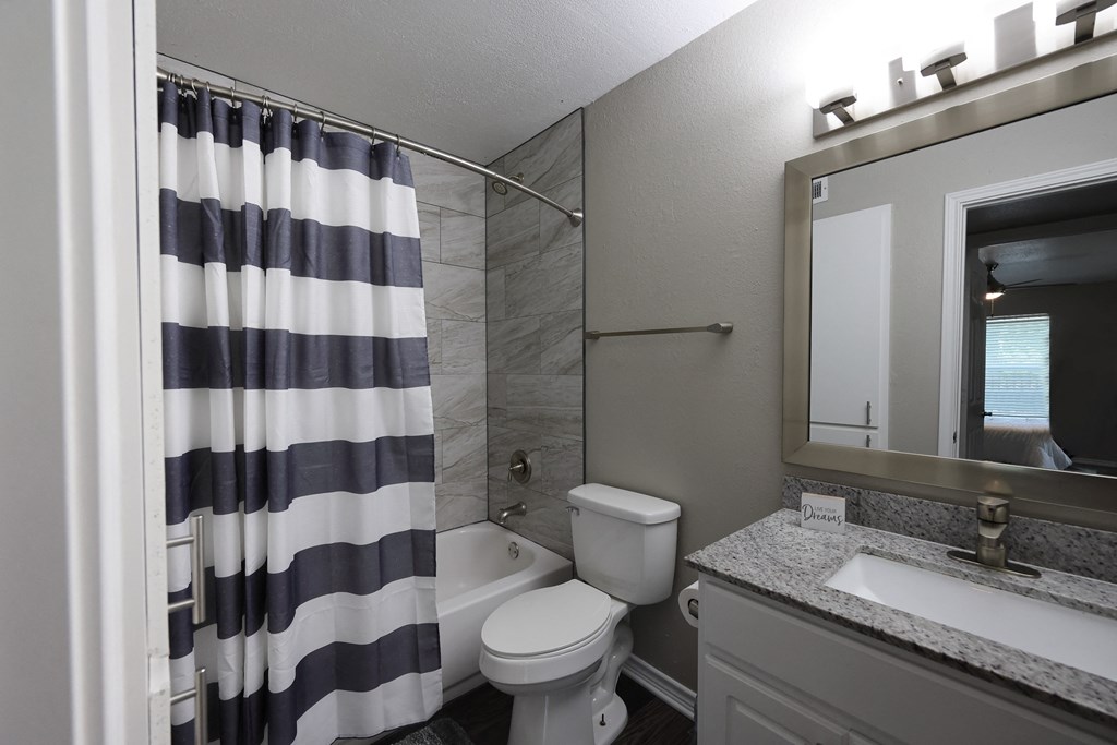 View of bathroom with granite counter, large mirror, toilet, and tiled tub shower combo