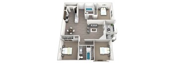 3D rendered drawing of three bedroom two full bathroom and kitchen floor plan with private patio/balcony with outside storage. Approximately 1368 square feet.