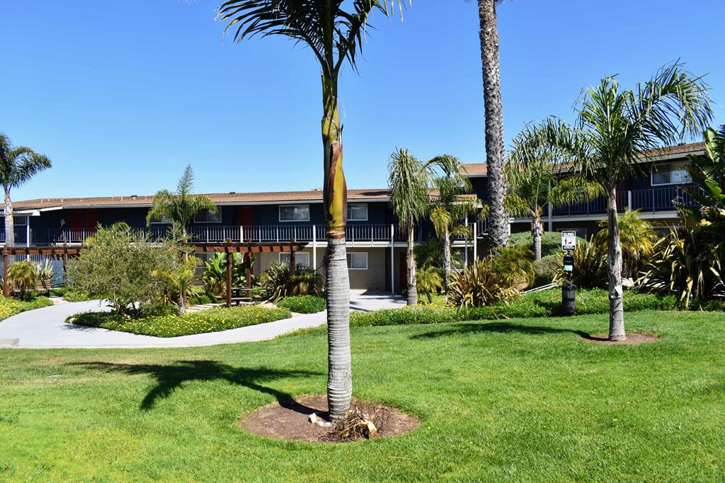 view of building with green grass and tropical landscaping