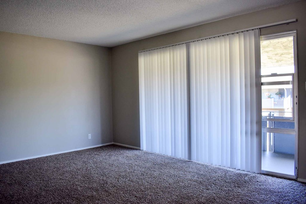 Carpeted bedroom view into private patio/balcony through sliding glass door with vertical blinds