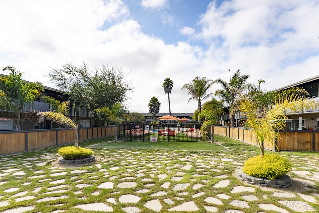 a pool with a grassy area and palm trees