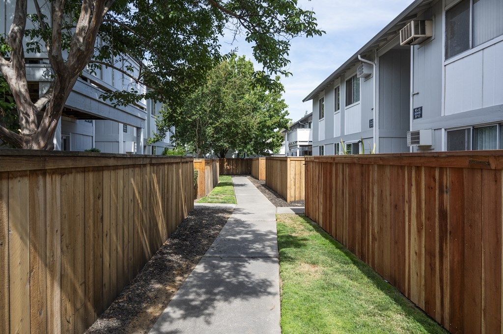 a sidewalk in front of a wooden fence
