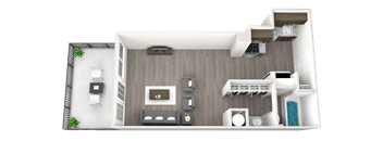 A 3D rendered image of a modern apartment layout.