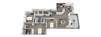 3D rendered drawing of three bedroom and two full bathroom and kitchen, private patio/ balcony, and fireplace. Approximately 1280 square feet.