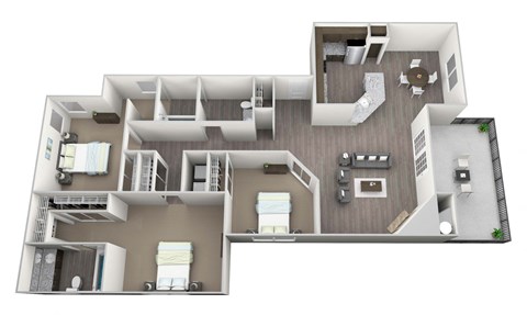 3D rendered drawing of three bedroom and two full bathroom and kitchen, private patio/ balcony, and fireplace. Approximately 1280 square feet.
