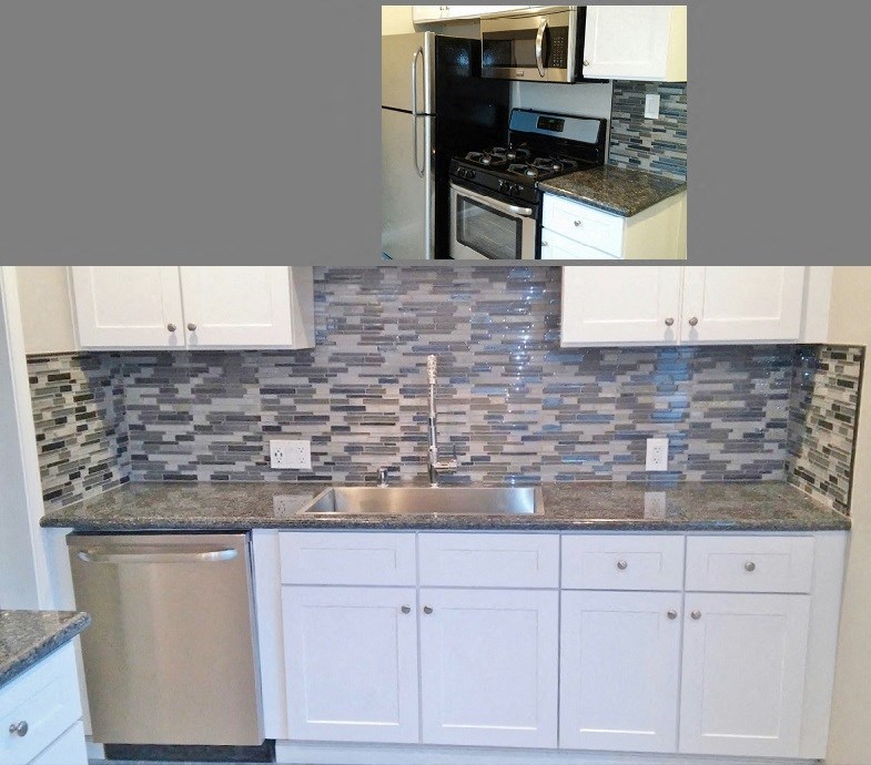 kitchen with stone counters, tile backsplash, stainless appliances, and white cabinets