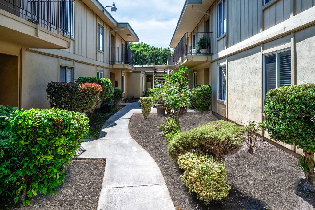 the courtyard of an apartment building with a sidewalk and landscaping
