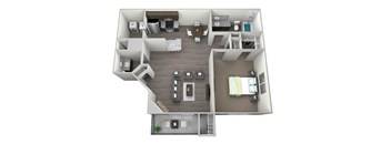 One Bedroom one full bathroom and half bath, full kitchen with half bath in living room, gas fireplace, washer and dryer included, and private balcony/ patio in a rendered 3D drawing.
