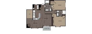 rendered drawing of two bedroom two full bathroom and kitchen with private patio/balcony. Approximately 1655 square feet