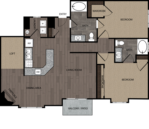 rendered drawing of two bedroom two full bathroom and kitchen with private patio/balcony. Approximately 1655 square feet