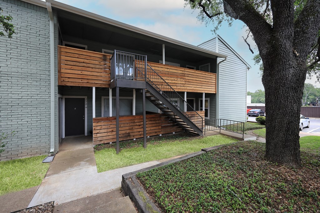 an exterior view of a building with a large tree in front of it