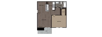 Rendered drawing of one bedroom and one full bathroom and kitchen floor plan with private patio/balcony - approximately 600 square feet