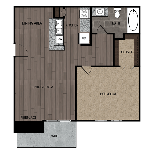 Rendered drawing of one bedroom and one full bathroom and kitchen floor plan with private patio/balcony - approximately 600 square feet
