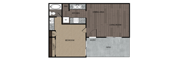 Rendered drawing of one bedroom and one full bathroom and kitchen floor plan with patio/balcony - approximately 500 square feet