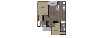 Rendered drawing of two bedroom and two full bathroom and kitchen floor plan with private patio/balcony - approximately 900 square feet