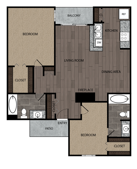 Rendered drawing of two bedroom and two full bathroom and kitchen floor plan with private patio/balcony - approximately 900 square feet