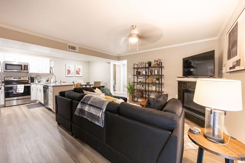A black couch with a blanket on it sits in a living room.