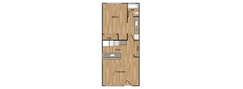 A floor plan of a room with a bedroom, bathroom, closet, kitchen, and living room.